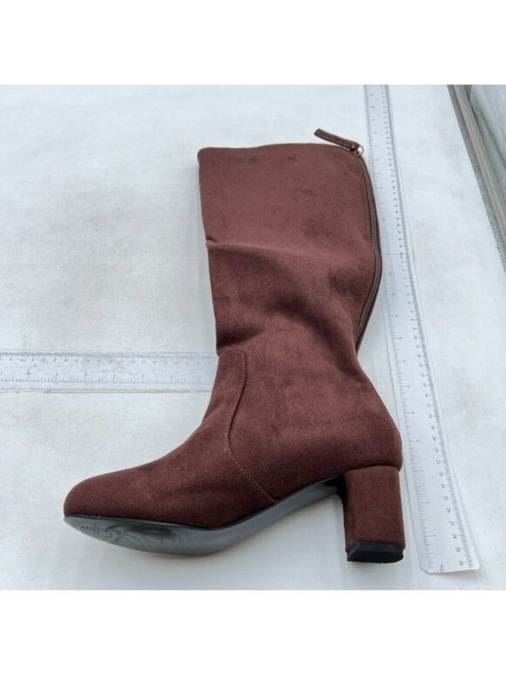 Brown Women Closed Toe Knee High Boot Chunky Heeled Zip Up Daily Work Dress Shoe